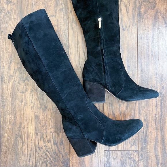 Sam Edelman • Thora Knee Boots black suede leather tall block heel almond toe - Picture 3 of 12